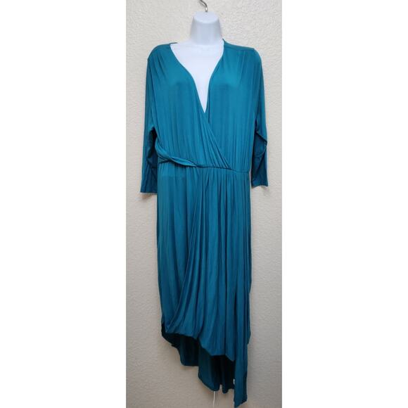 Lane Bryant Blue Teal Crisscross Bodice Draped Front Hi Low Dress 14 16 Flowy - Picture 1 of 6